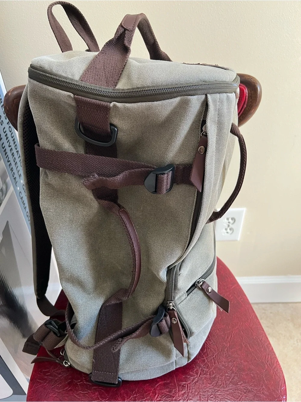 Men's Canvas Backpack in Army Green with Brown Trim